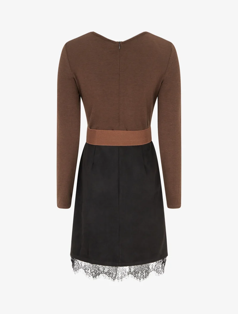 Robe droite en maille et suédine à bords en dentelle - Marron/noir