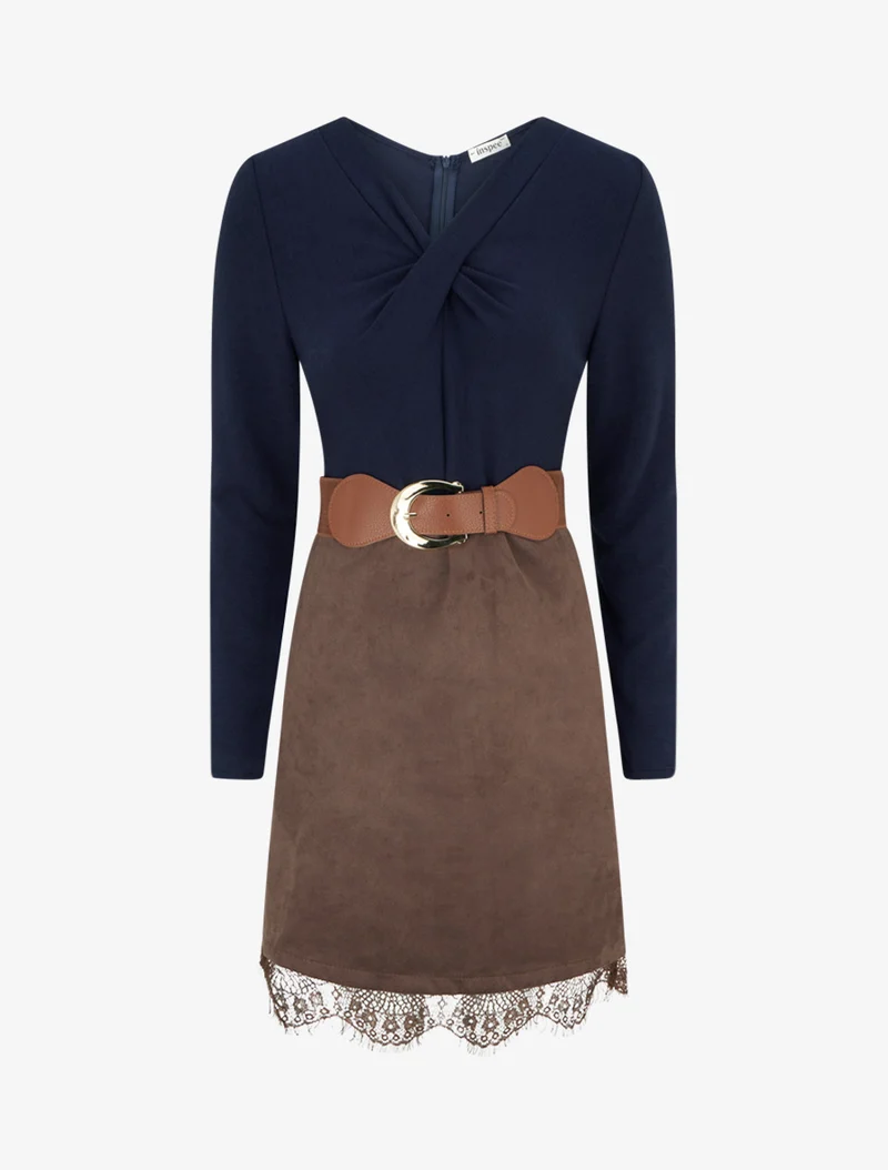 Robe droite en maille et suédine à bords en dentelle - Marron/marine