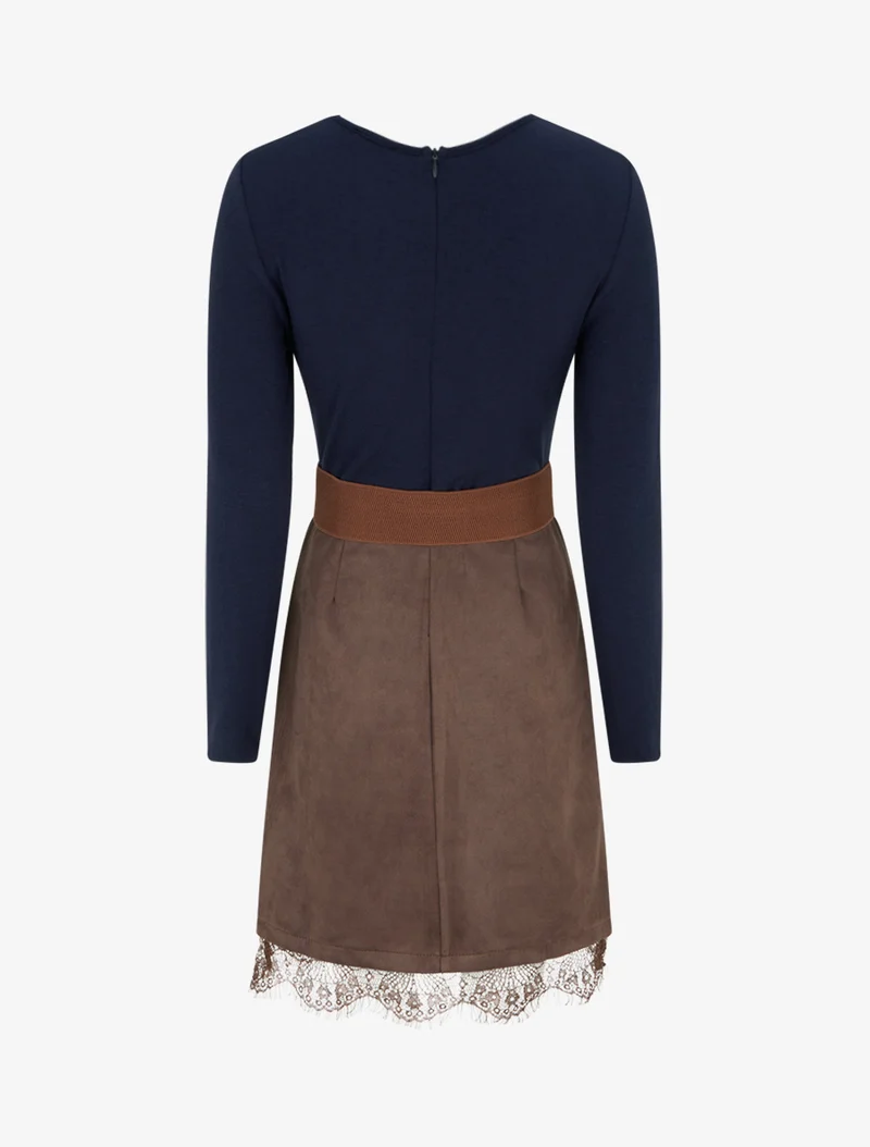 Robe droite en maille et suédine à bords en dentelle - Marron/marine