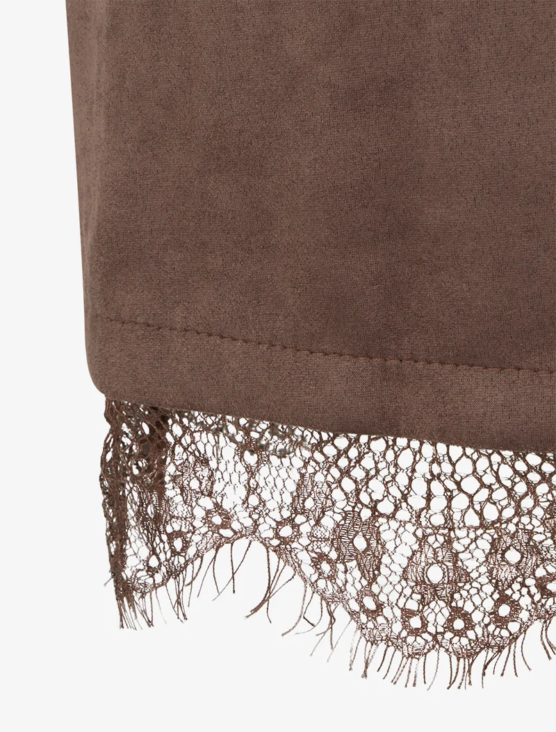 Robe droite en maille et suédine à bords en dentelle - Marron/marine