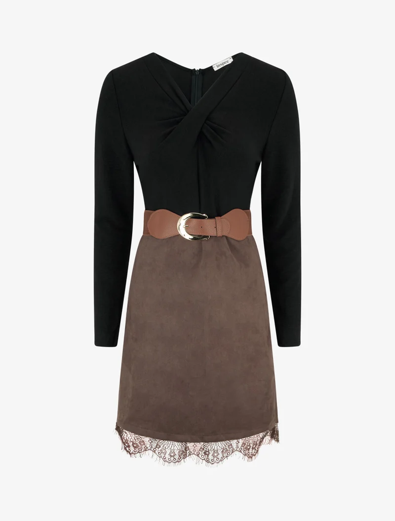 Robe droite en maille et suédine à bords en dentelle - Noir/marron