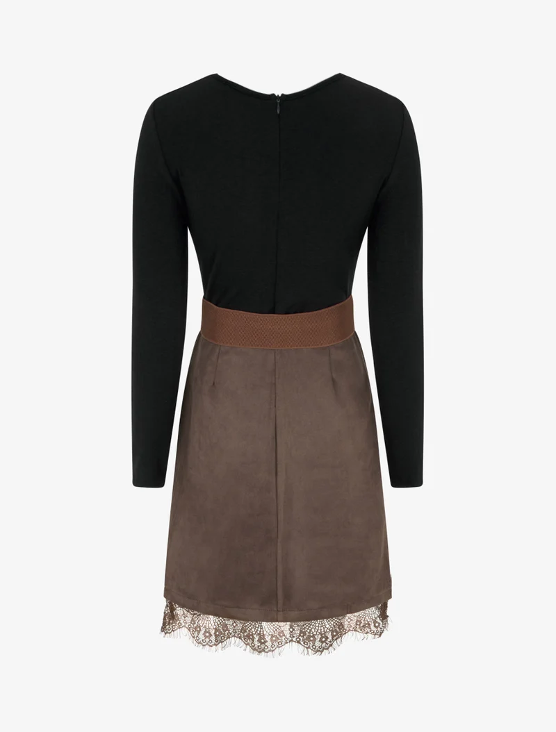 Robe droite en maille et suédine à bords en dentelle - Noir/marron