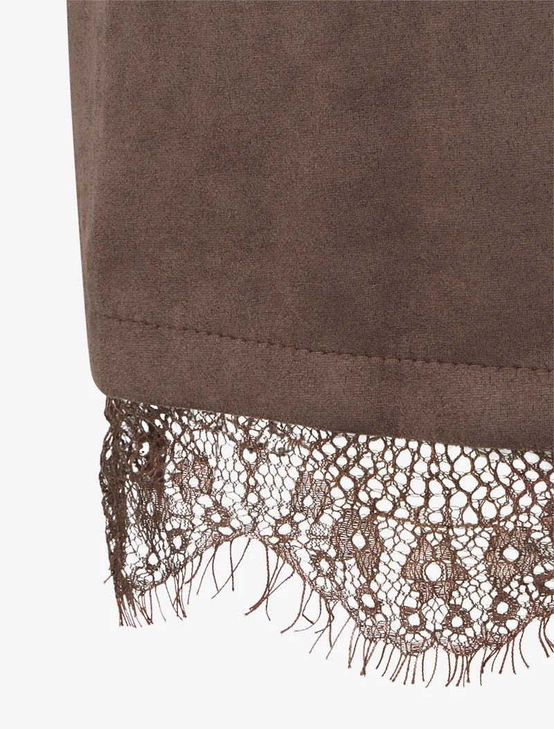 Robe droite en maille et suédine à bords en dentelle - Noir/marron