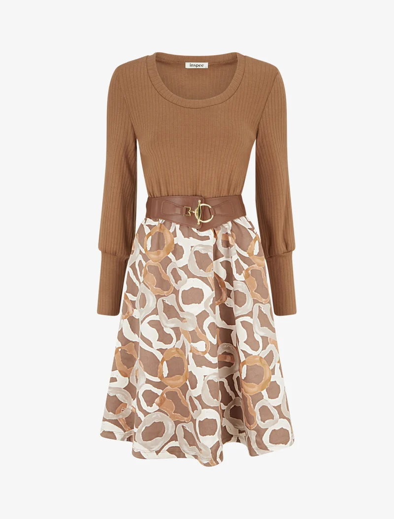 Robe évasée en maille et suédine imprimé ronds stylisés - Camel