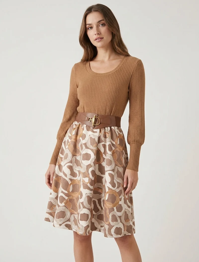 Robe évasée en maille et suédine imprimé ronds stylisés - Camel