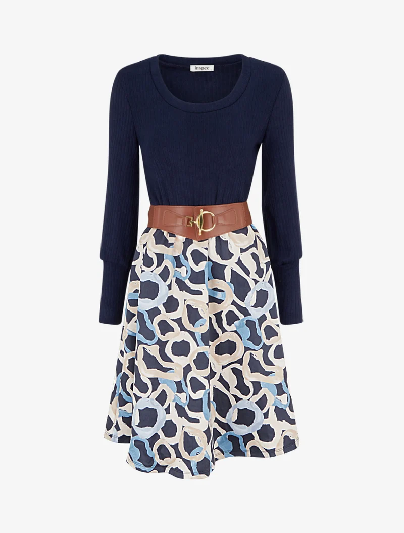 Robe évasée en maille et suédine imprimé ronds stylisés - Marine