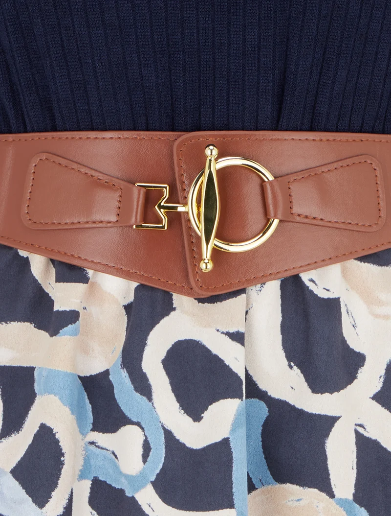 Robe évasée en maille et suédine imprimé ronds stylisés - Marine