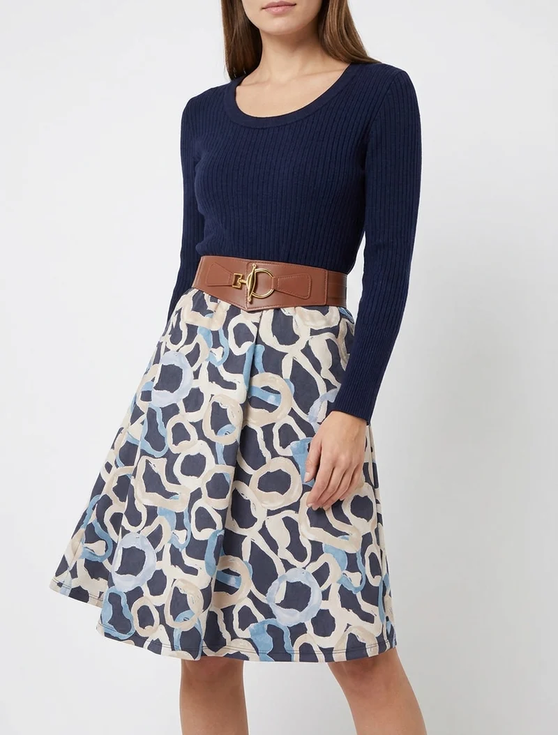 Robe évasée en maille et suédine imprimé ronds stylisés - Marine