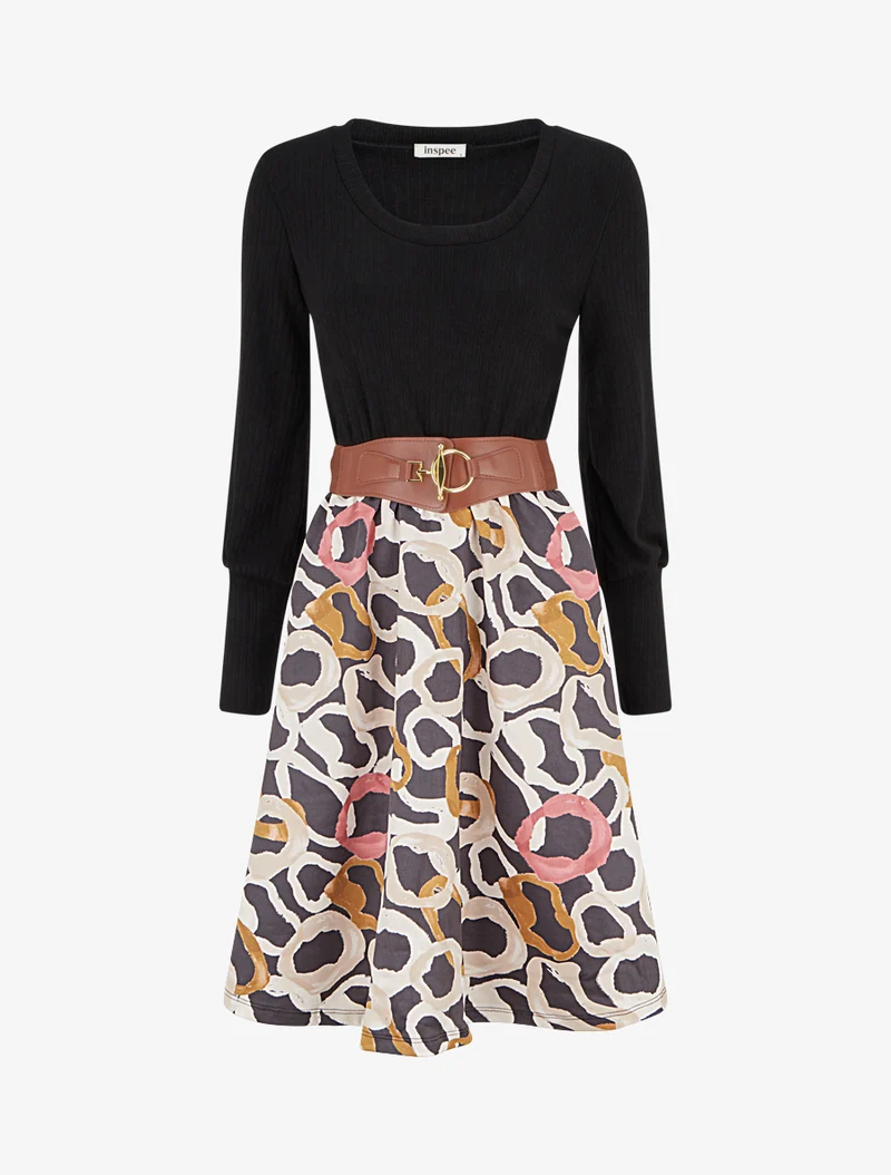 Robe évasée en maille et suédine imprimé ronds stylisés - Noir