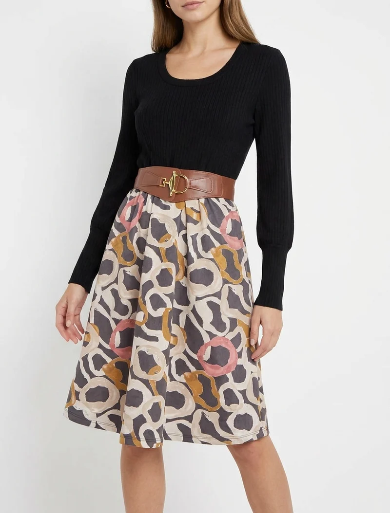 Robe évasée en maille et suédine imprimé ronds stylisés - Noir