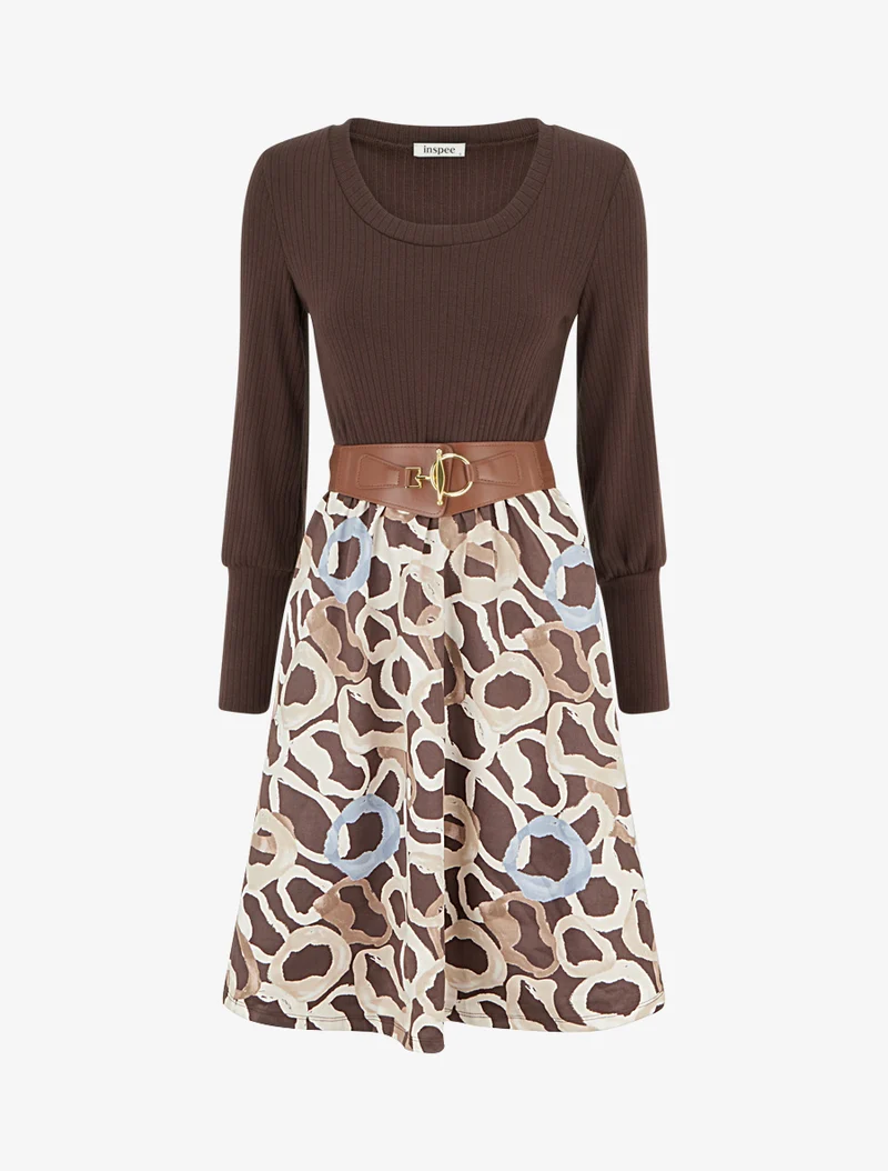 Robe évasée en maille et suédine imprimé ronds stylisés - Marron