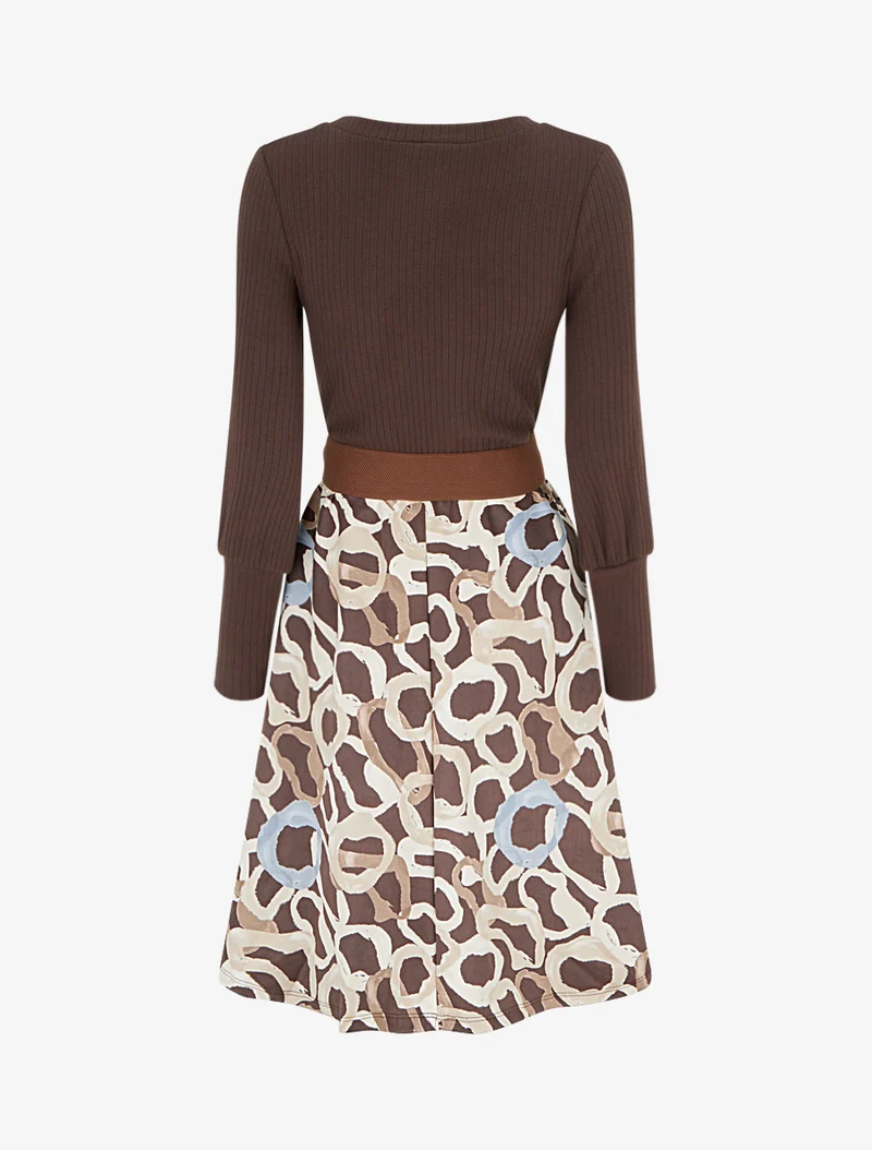 Robe évasée en maille et suédine imprimé ronds stylisés - Marron