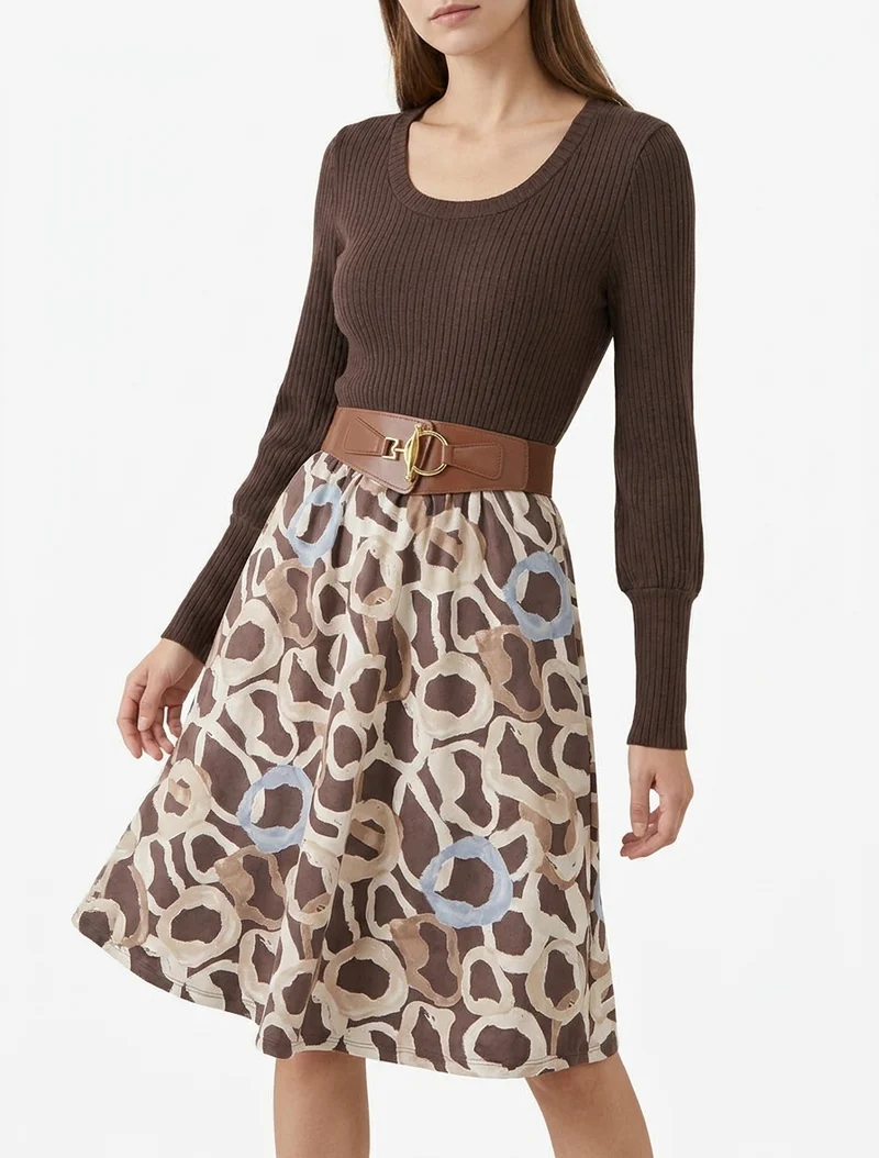 Robe évasée en maille et suédine imprimé ronds stylisés - Marron