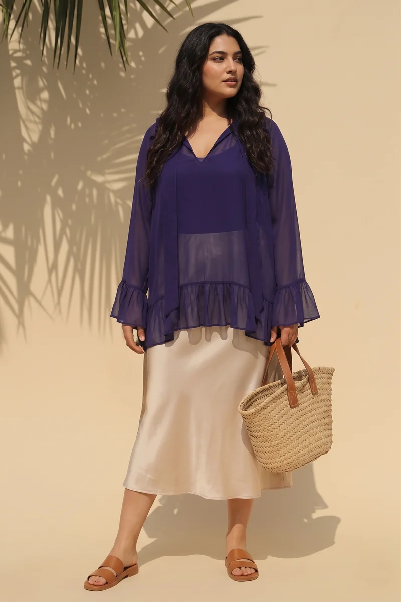 Aliaa|Viscose Sheer Ruffled Top And Inner Cami
