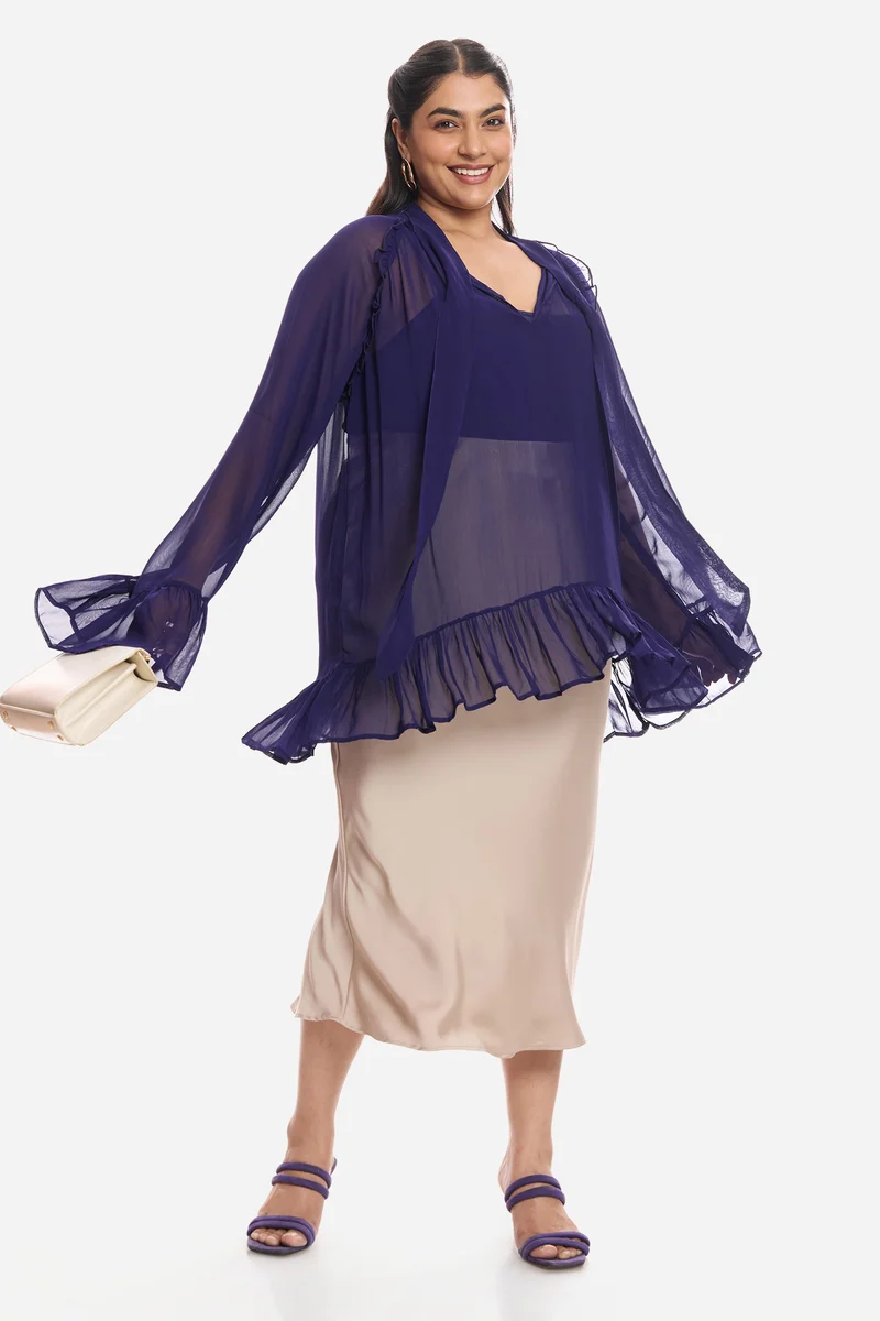 Aliaa|Viscose Sheer Ruffled Top And Inner Cami