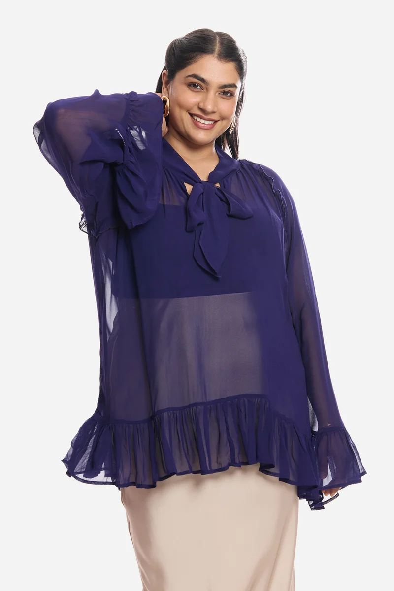 Aliaa|Viscose Sheer Ruffled Top And Inner Cami