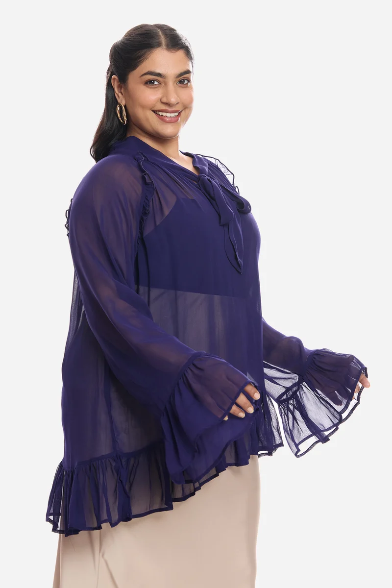 Aliaa|Viscose Sheer Ruffled Top And Inner Cami