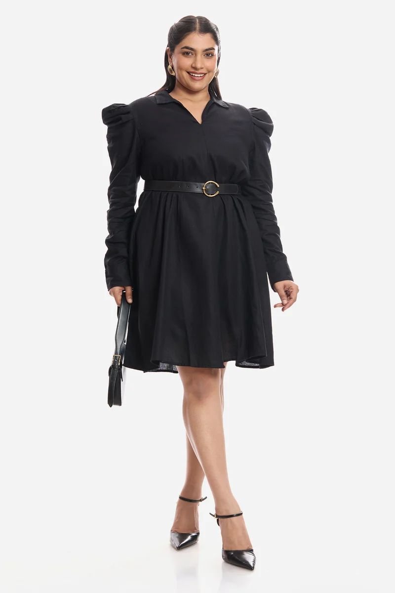 Anavi|Viscose Aline Dress With Mutton Sleeves