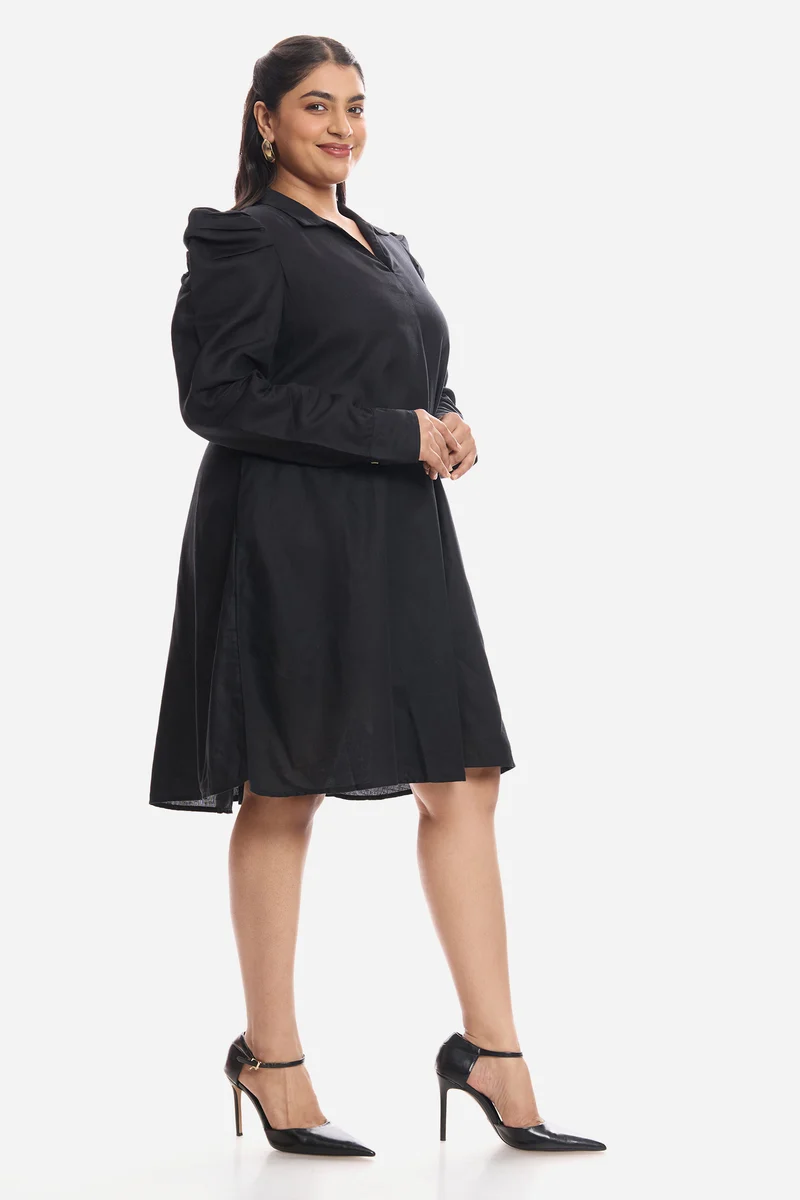 Anavi|Viscose Aline Dress With Mutton Sleeves