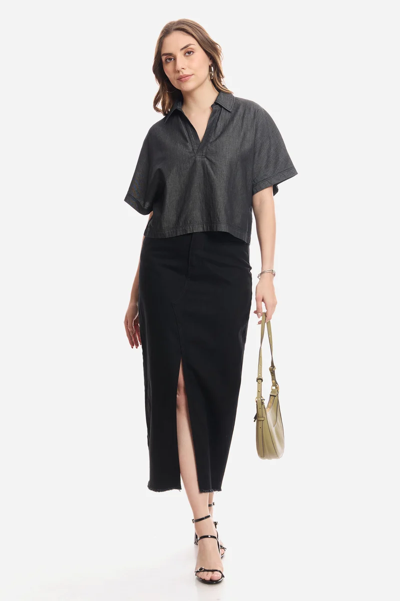 Liory|100% Cotton Dolman Sleeve Denim Top
