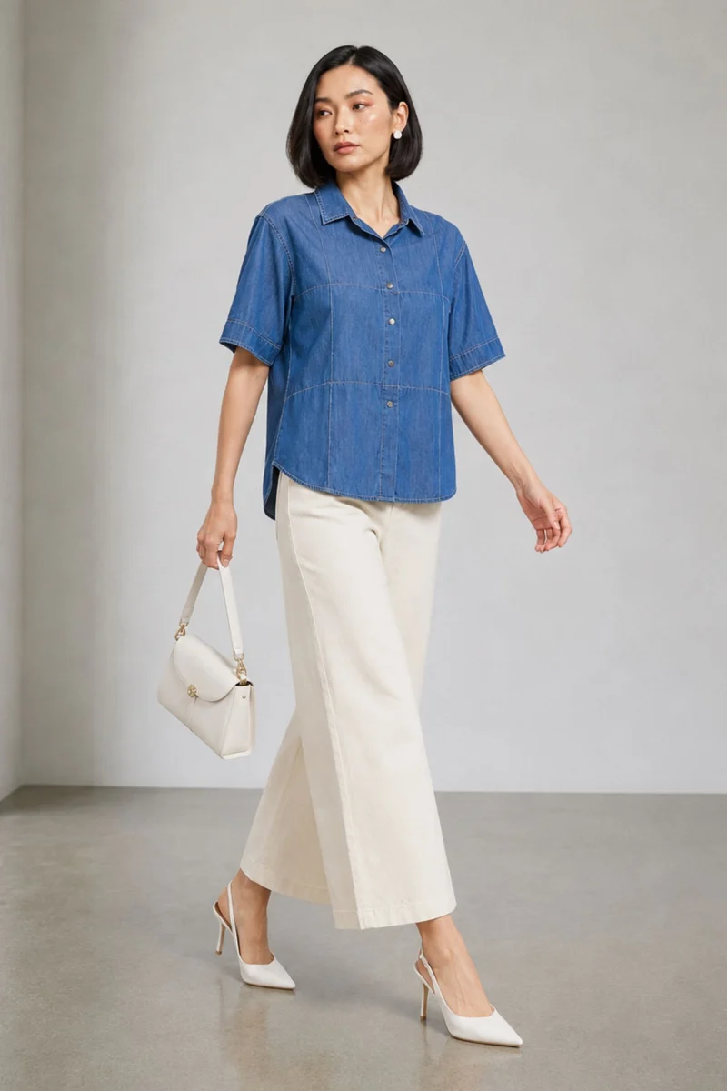 Abha|100% Cotton Pintuck Detail Denim Shirt