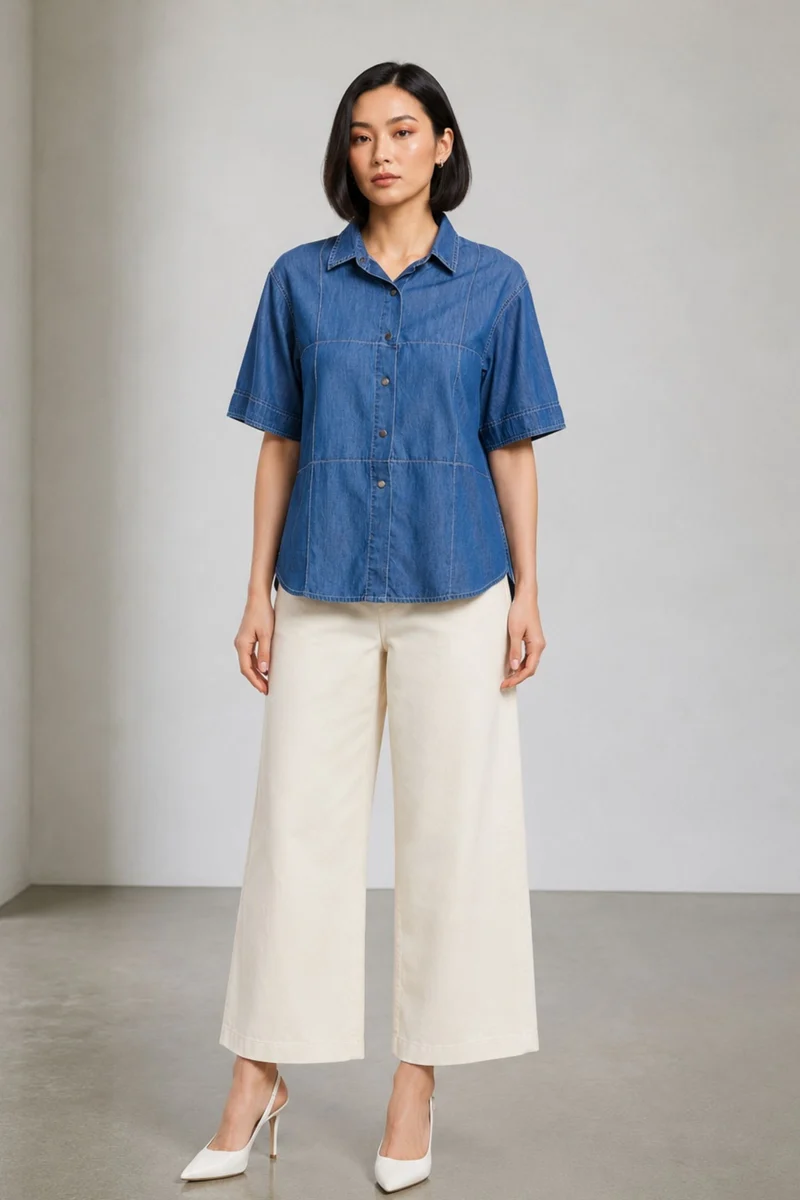 Abha|100% Cotton Pintuck Detail Denim Shirt