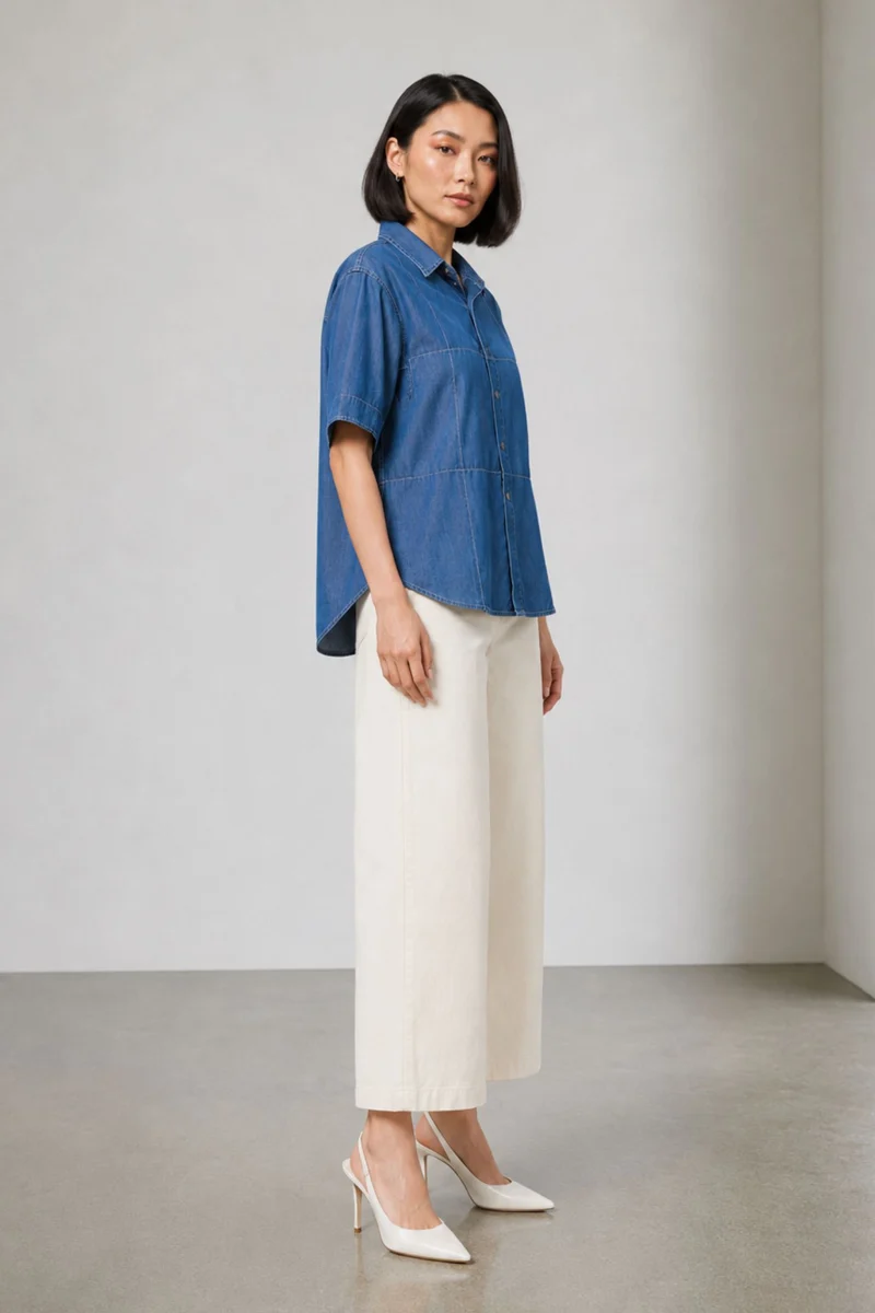 Abha|100% Cotton Pintuck Detail Denim Shirt