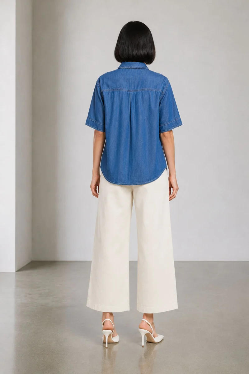 Abha|100% Cotton Pintuck Detail Denim Shirt