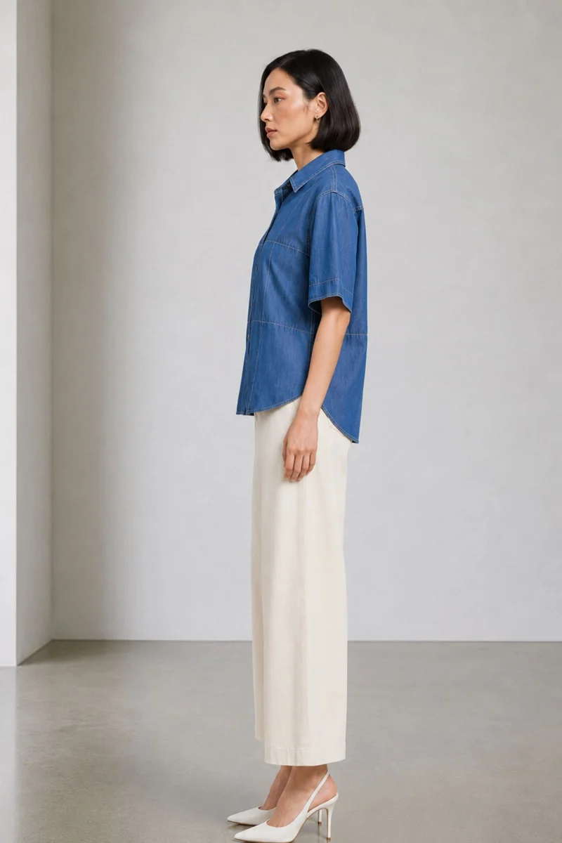 Abha|100% Cotton Pintuck Detail Denim Shirt
