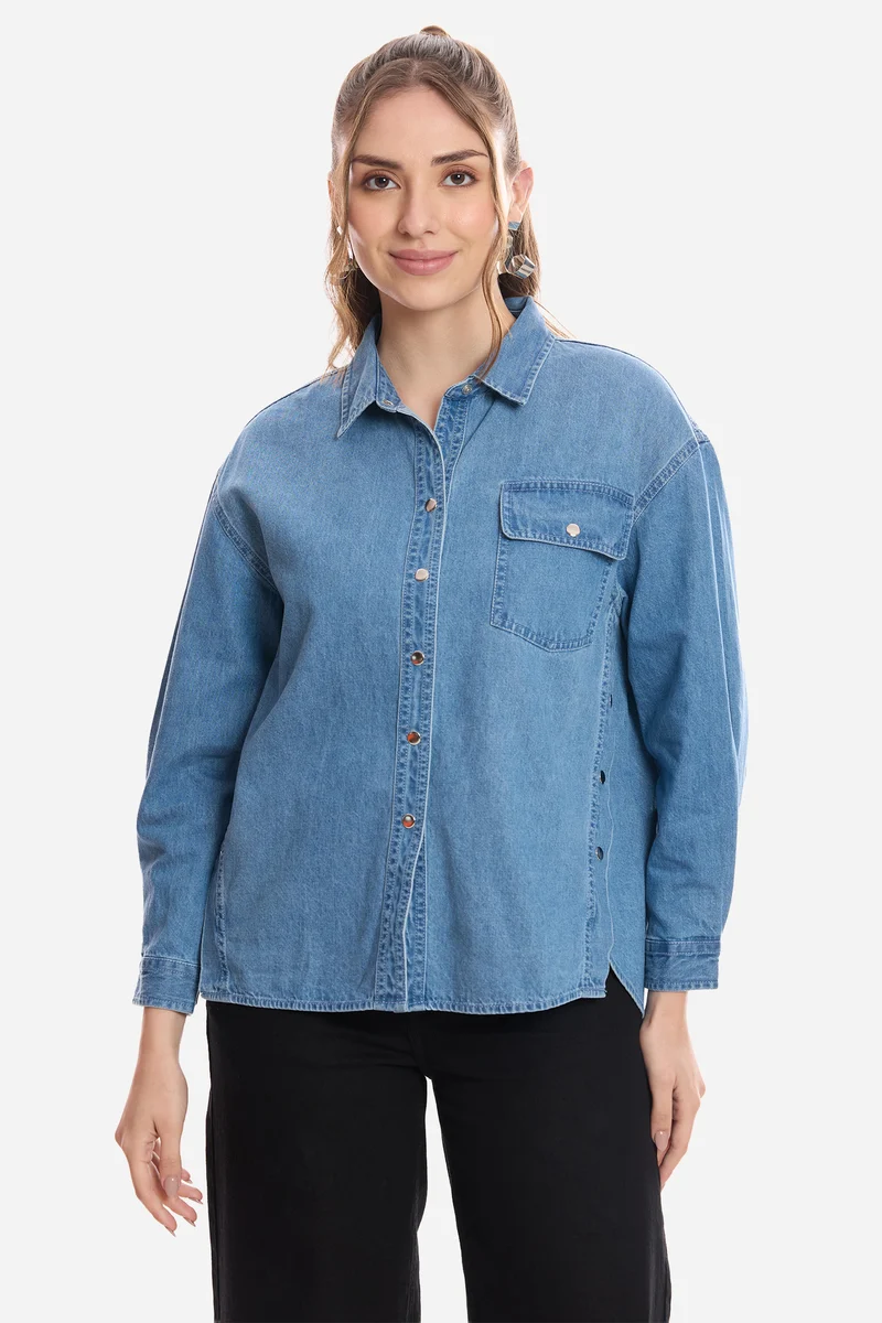 Ferhat|100% Cotton Snap Detail Shirt