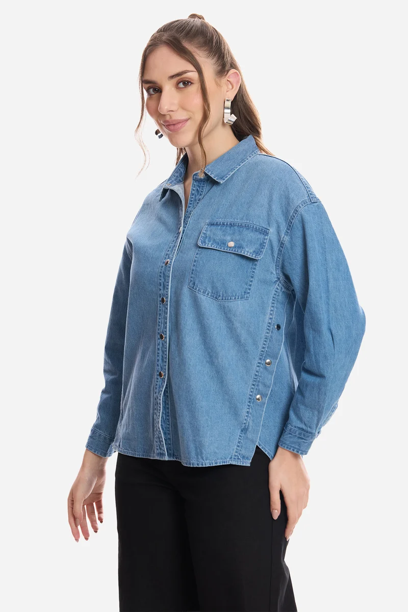Ferhat|100% Cotton Snap Detail Shirt