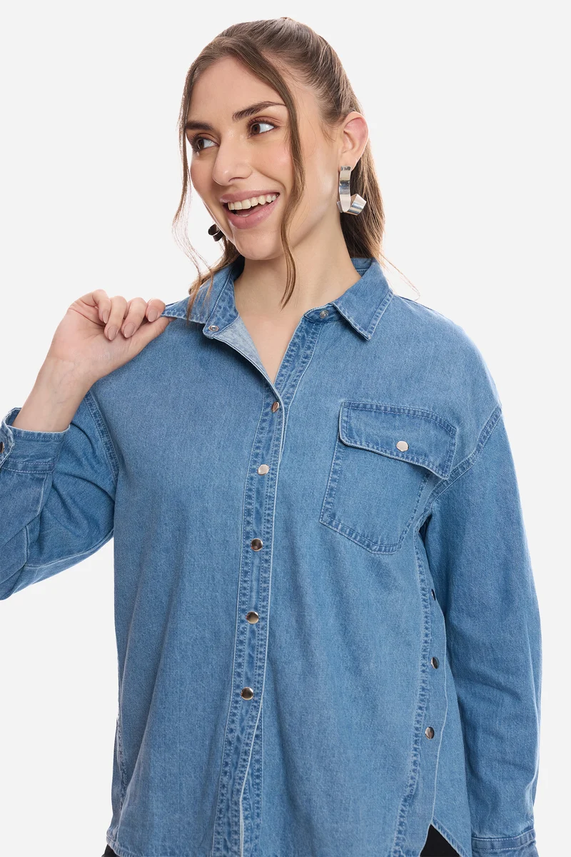Ferhat|100% Cotton Snap Detail Shirt