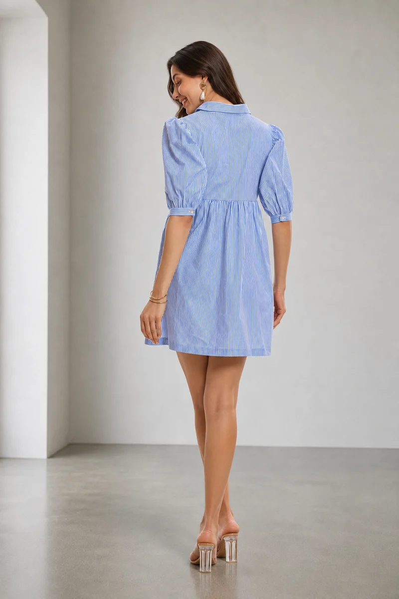 Ebru|Cotton Puff Sleeve Mini Shirt Dress