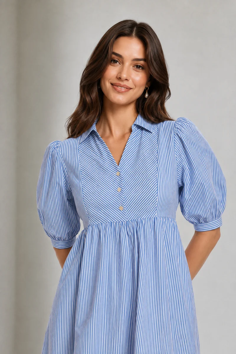 Ebru|Cotton Puff Sleeve Mini Shirt Dress