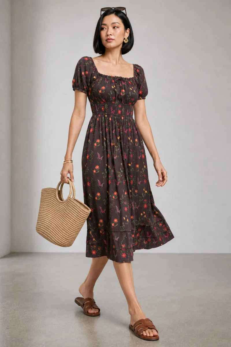 Janey|Lyocell Floral Elasticated Midi Dress