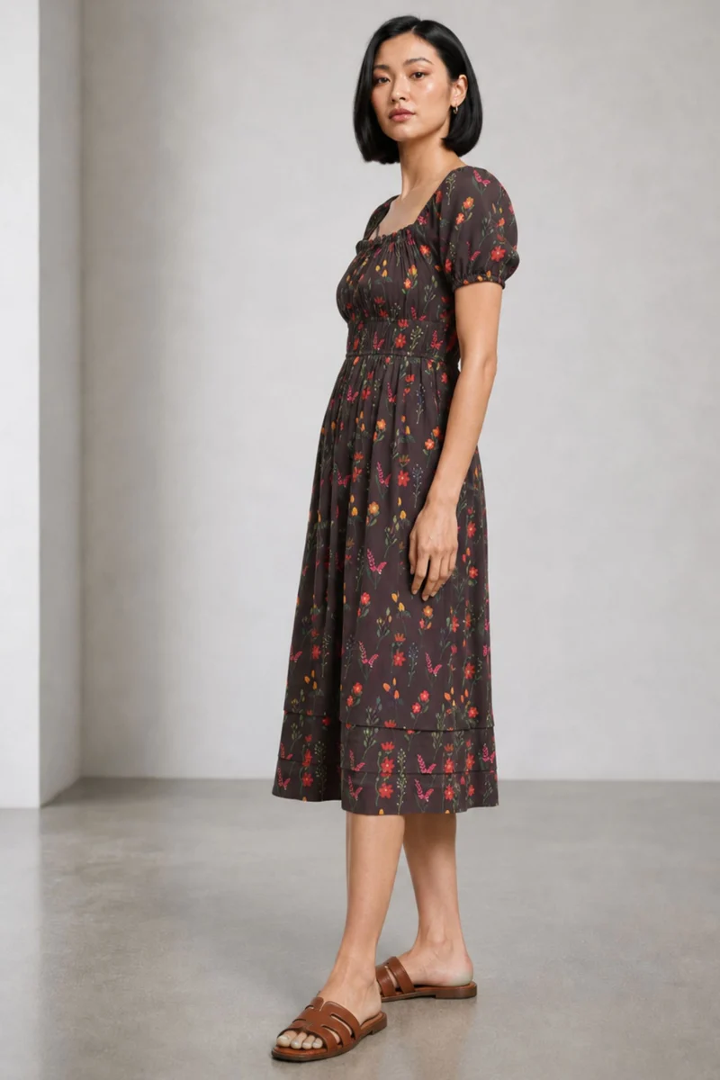 Janey|Lyocell Floral Elasticated Midi Dress