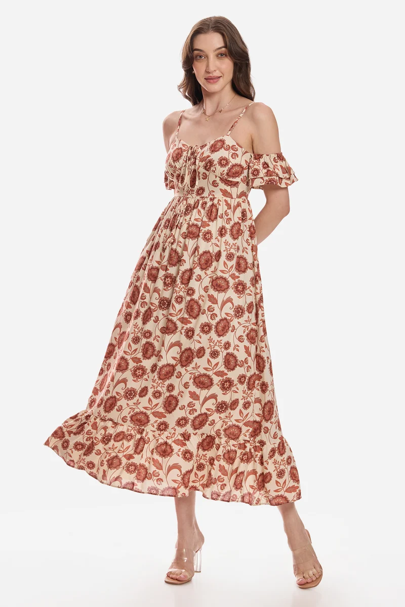 Gamze|100% Viscose Cold Shoulder Maxi Dress