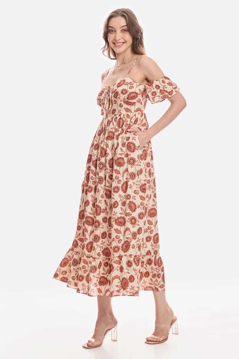 Gamze|100% Viscose Cold Shoulder Maxi Dress