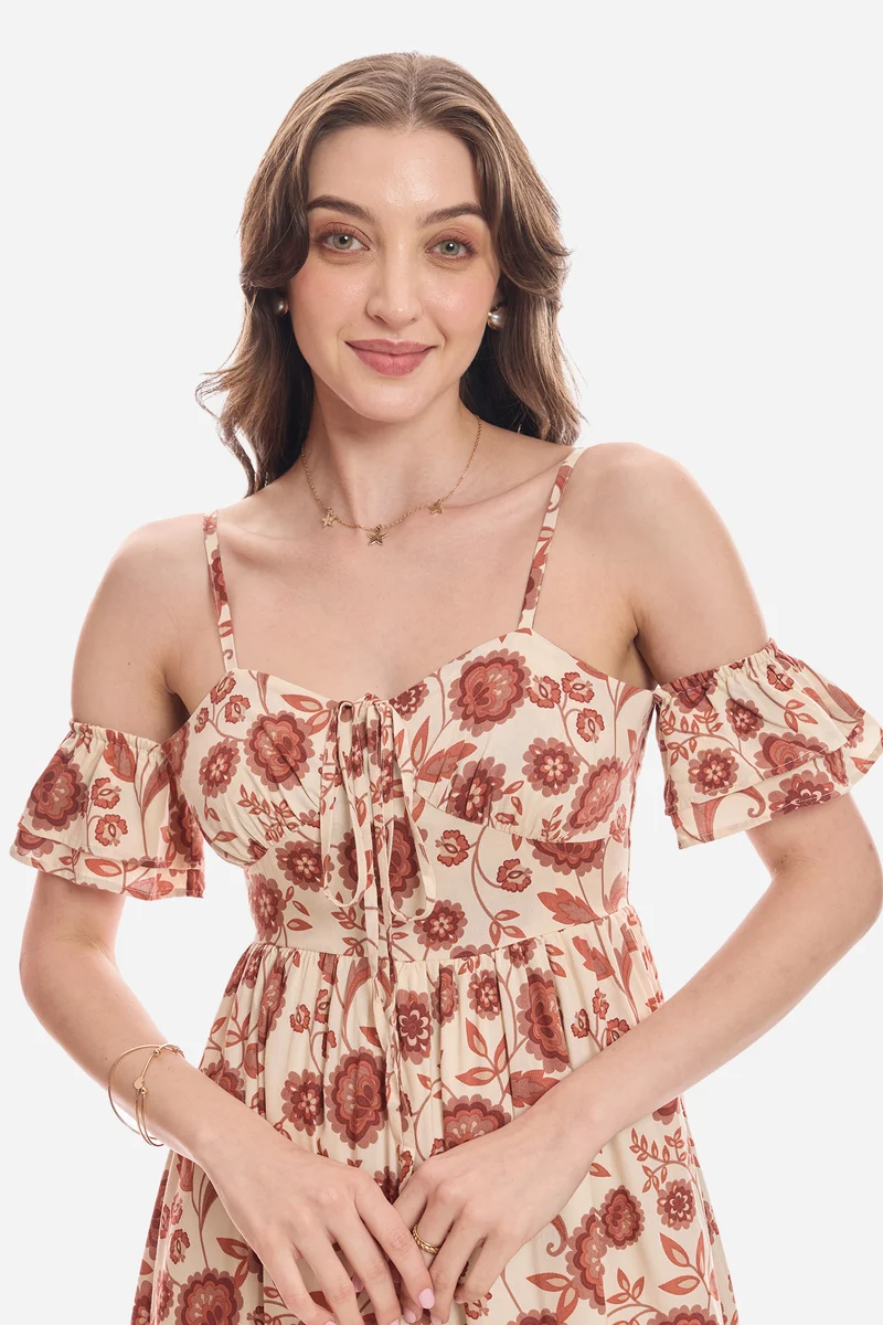 Gamze|100% Viscose Cold Shoulder Maxi Dress