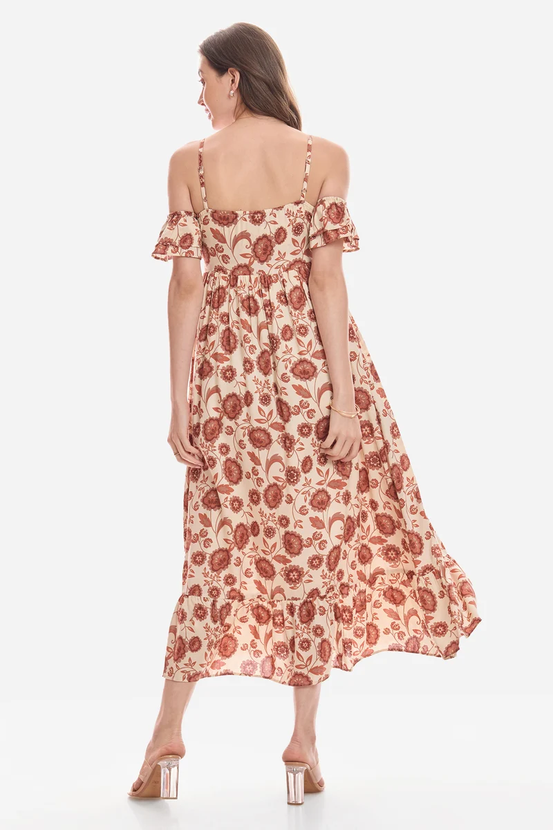 Gamze|100% Viscose Cold Shoulder Maxi Dress