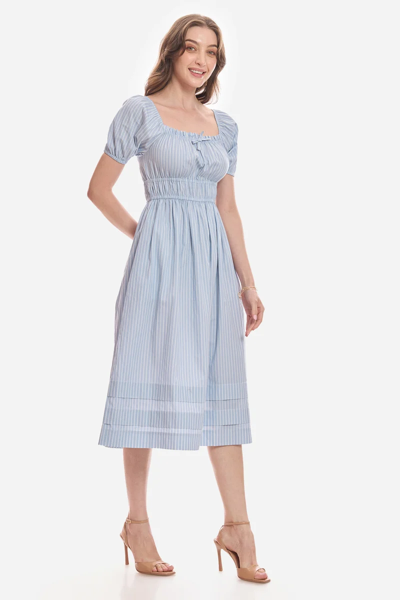 Aoie|100% Cotton Puff Sleeves Midi Dress