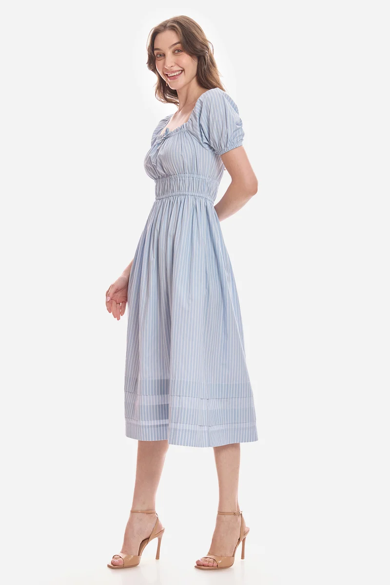 Aoie|100% Cotton Puff Sleeves Midi Dress