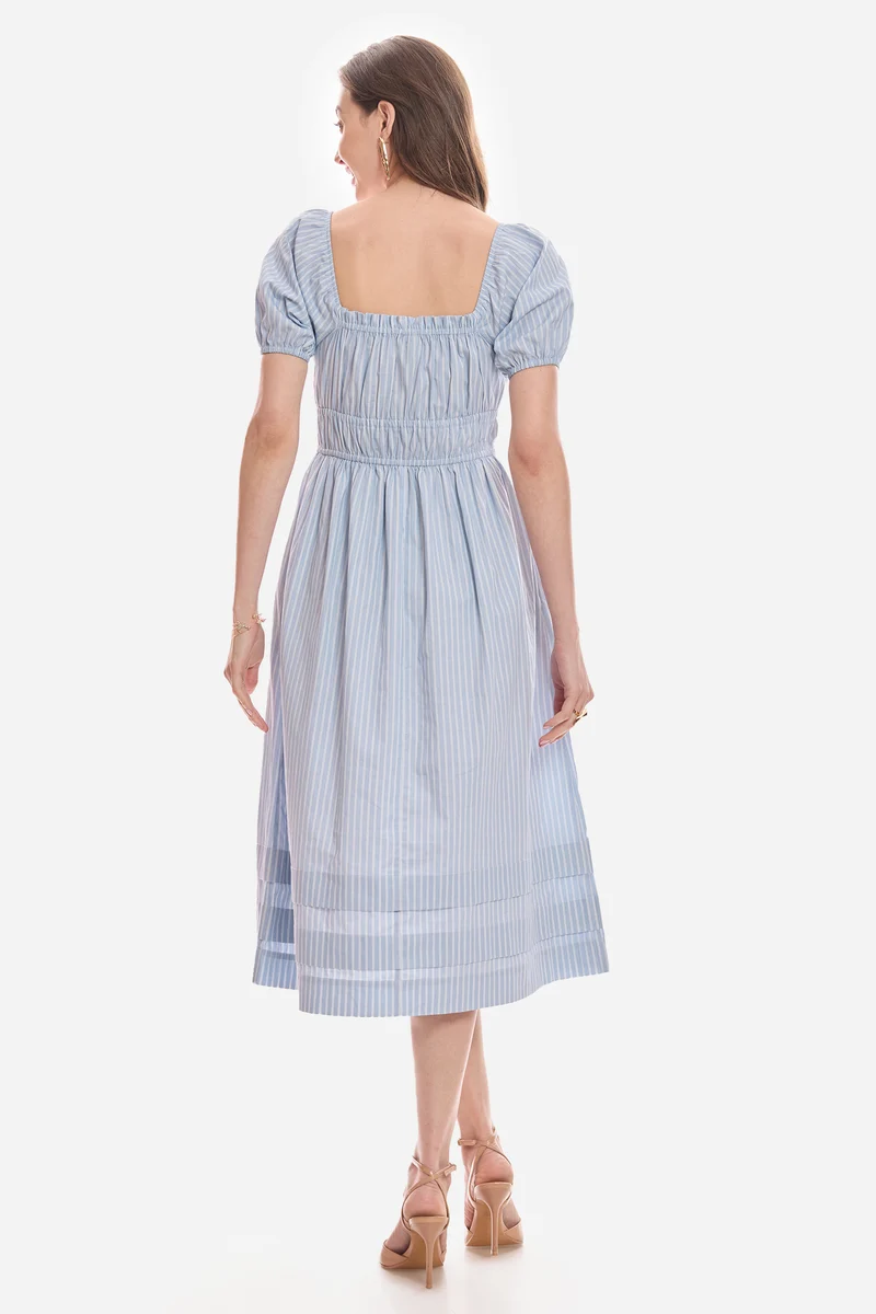 Aoie|100% Cotton Puff Sleeves Midi Dress