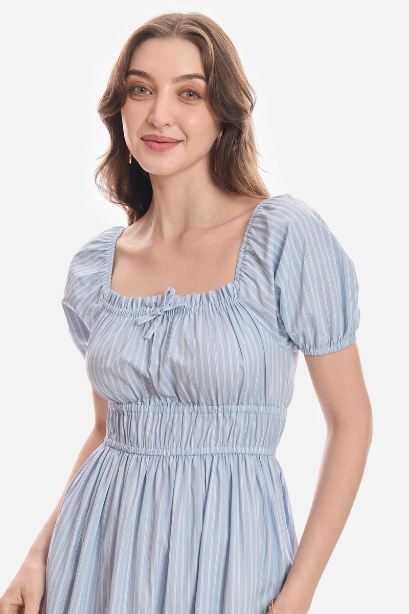 Aoie|100% Cotton Puff Sleeves Midi Dress