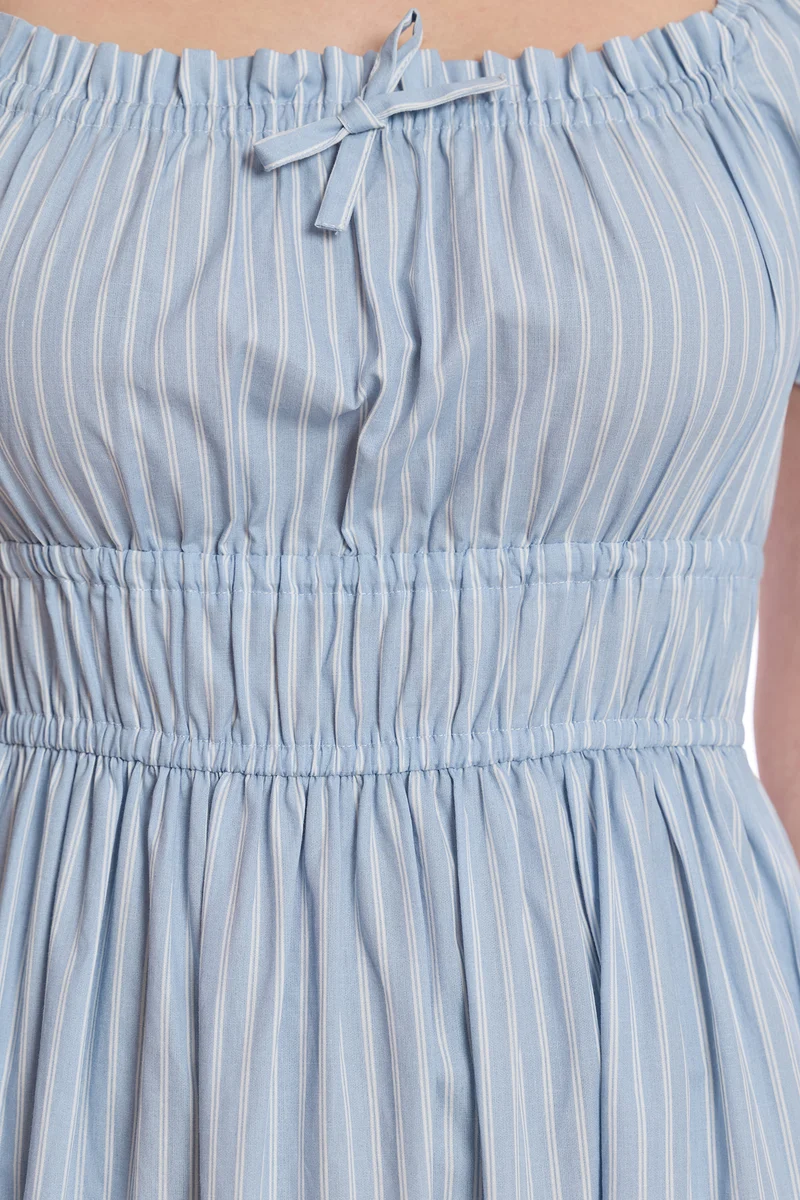 Aoie|100% Cotton Puff Sleeves Midi Dress