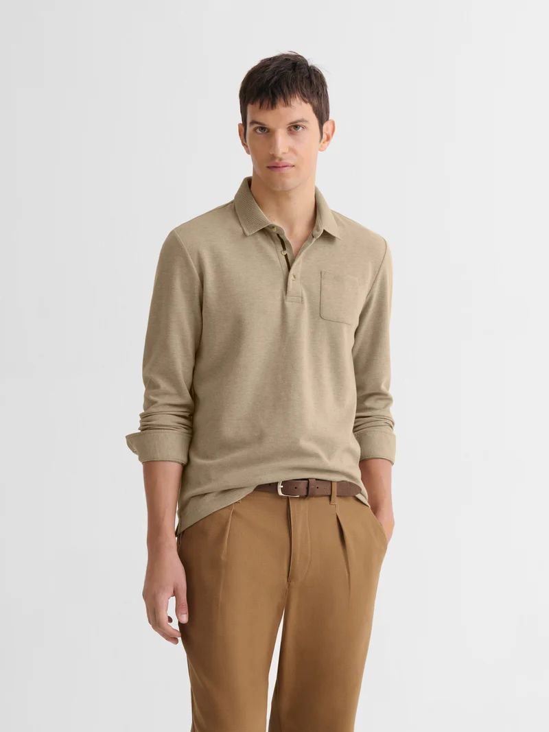 Polo manches longues chiné col boutonné