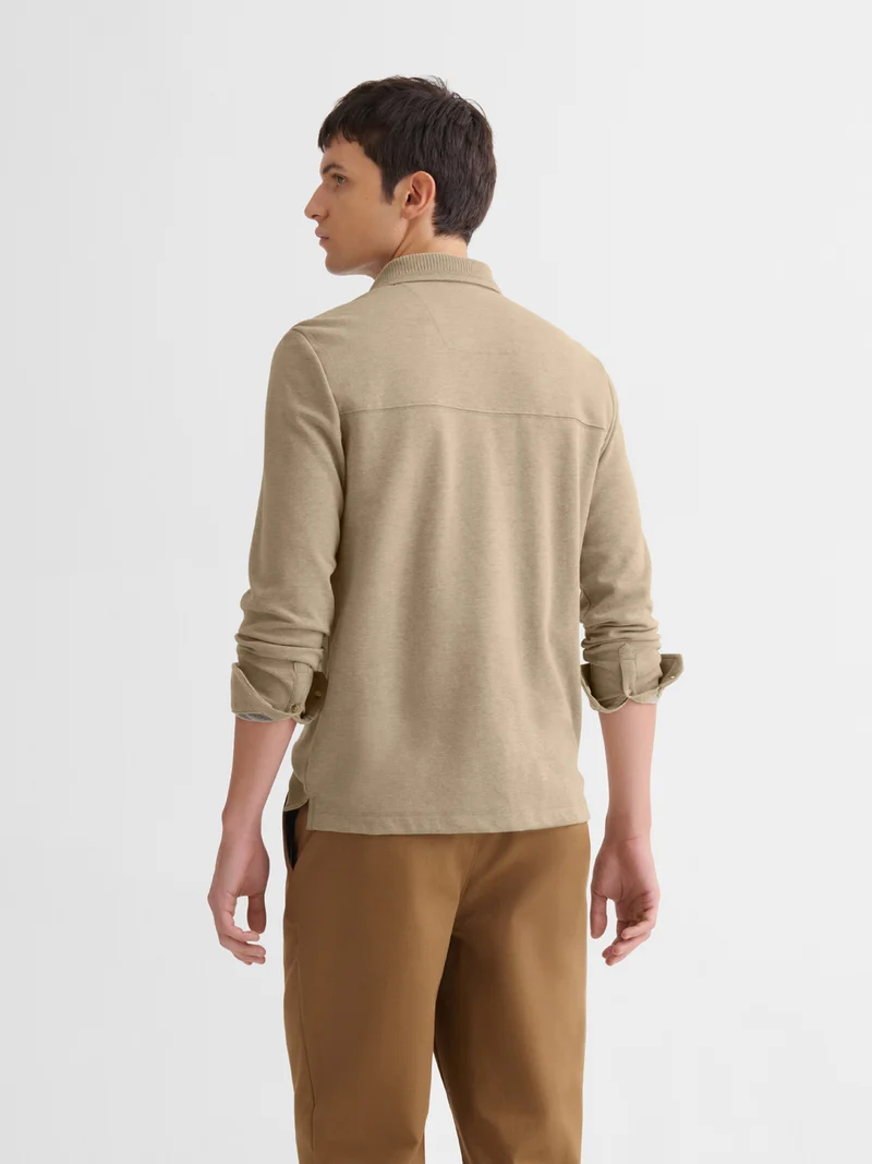 Polo manches longues chiné col boutonné