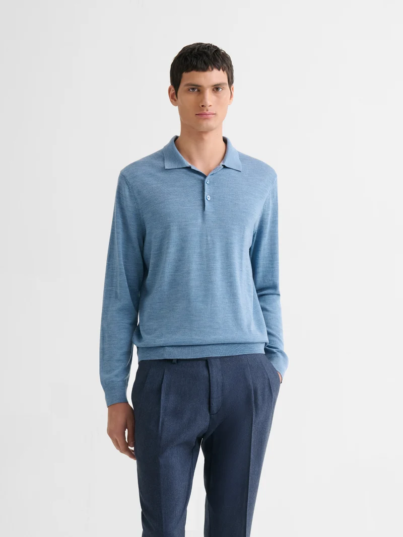 Polo boutonné en laine Mérinos