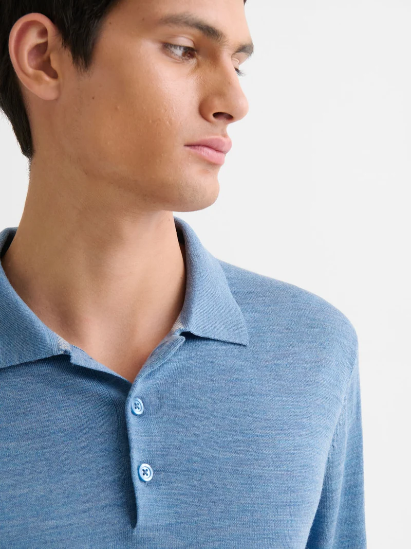 Polo boutonné en laine Mérinos