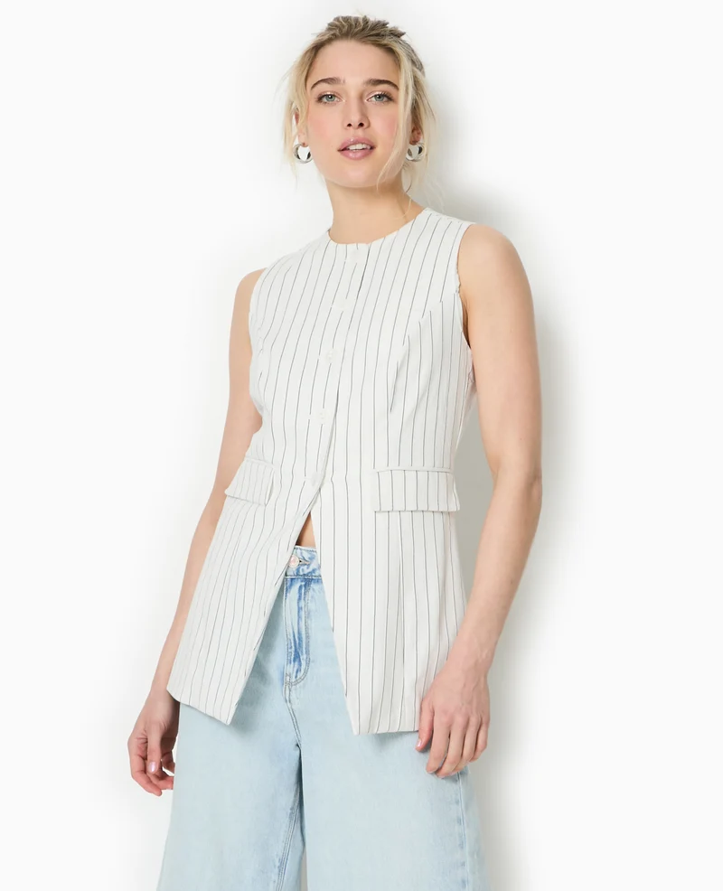 Veste longue sans manche avec fines rayures